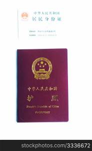 Closeup view of Chinese passport and ID card