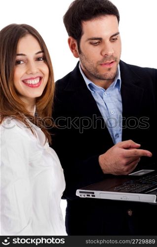 Closeup view of couple with laptop discussing on white background