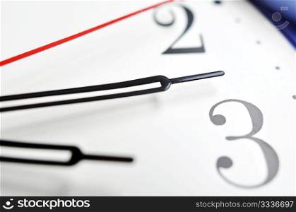 Closeup view of hour,minute and second hands of a wall clock, shallow DOF