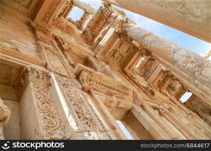Closeup view of interior design of library of Celsus, Selcuk, Turkey