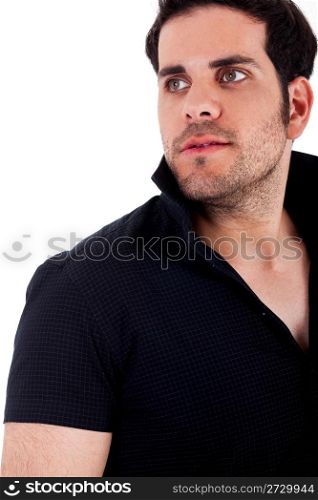 closeup view of macho young man standing on isolated white background