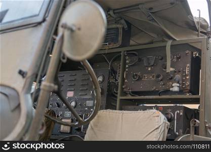 Closeup View of Military Vehicle's Interiors for Radio Communications from World War II. Closeup View of Military Car's Interiors for Radio Communication