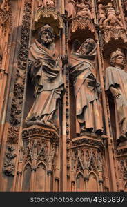 closeup view of Notre-Dame cathedral at Strasbourg, France