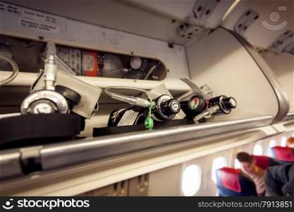 Closeup view of oxygen cylinders at aircraft