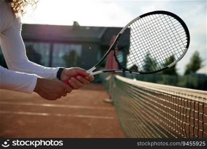 Closeup view of tennis player holding racket standing front of net. Healthy activity and sports hobby concept. Closeup view of tennis player holding racket standing front of net