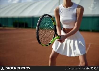 Closeup view on female tennis player holding racket. Sportswoman ready to return ball. Outdoor sport activity concept. Closeup view on female tennis player holding racket
