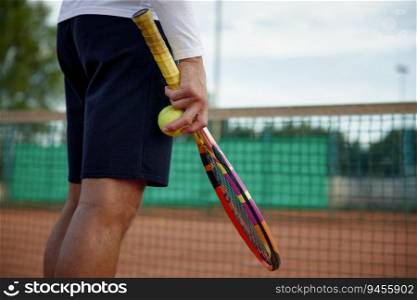 Closeup view on tennis racket and ball in hand on sportsman over outdoor sports court background. Professional competition challenge or training in fitness club. Closeup view on tennis racket and ball in hand on sportsman