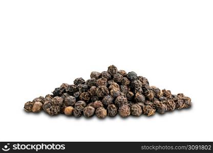 Closeup view pile of natural black pepper seeds on white background with clipping path.