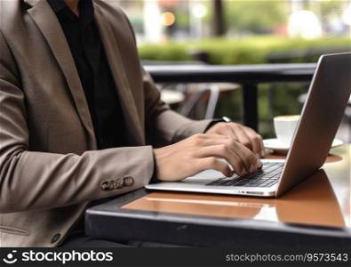 closeup with hand of businessman using laptop, with out door cafe, chilling, technology concept.