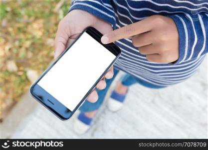 closeup woman hand using phone on street outdoor lifestyle
