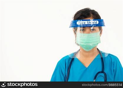 Closeup woman medical staff nurse wearing a face mask protective and plastic face shield for quarantine Coronavirus outbreak  COVID-19  isolated on white background