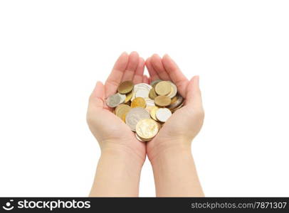 closeup woman&rsquo;s hands holding world coins isolated on white background, human hands and saving concepts