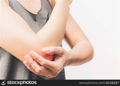 closeup women elbow pain/injury with red highlights on pain area. closeup women elbow pain/injury with red highlights on pain area with white backgrounds, healthcare and medical concept