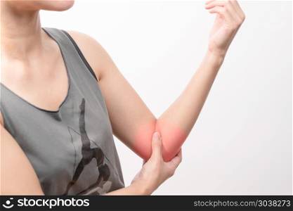 closeup women elbow pain/injury with red highlights on pain area. closeup women elbow pain/injury with red highlights on pain area with white backgrounds, healthcare and medical concept