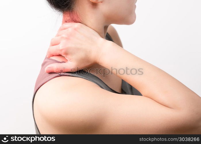 closeup women neck and shoulder pain/injury with red highlights . closeup women neck and shoulder pain/injury with red highlights on pain area with white backgrounds, healthcare and medical concept