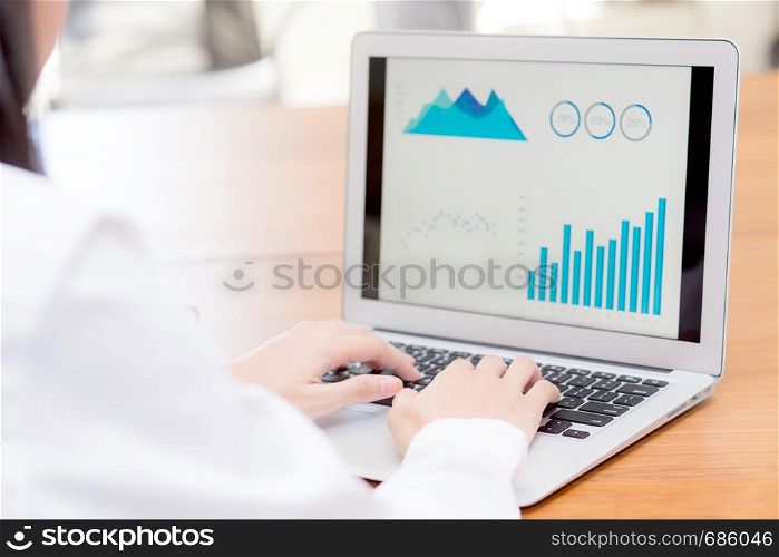 Closeup work with finance analysis and planing data on laptop, typing and looking graph with computer statistic for success, business concept.