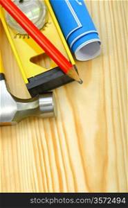 closeup working tools on wooden boards