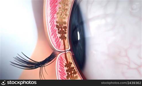 Closure of the eyelids, side view 3D illustration. Closure of the eyelids, side view