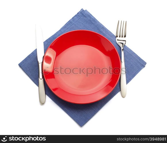 cloth napkin and plate isolated on white background