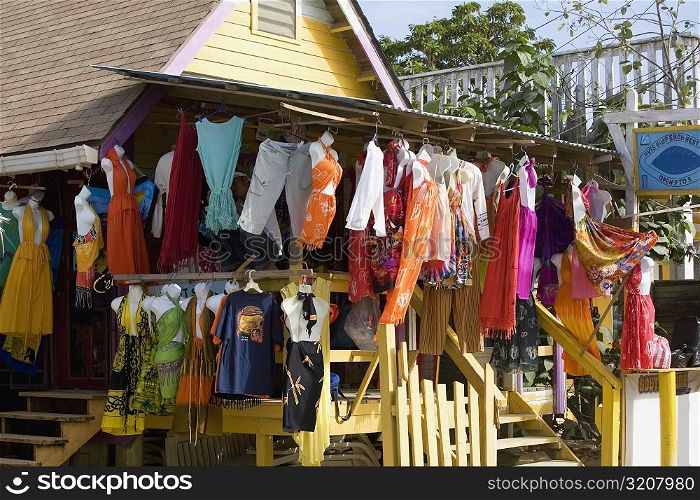 Clothes hanging at a market stall, West End, Roatan, Bay Islands, Honduras