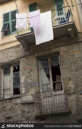 Clothes hanging to dry on a clothesline, Cinque Terre, La Spezia, Liguria, Italy