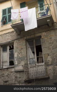 Clothes hanging to dry on a clothesline, Cinque Terre, La Spezia, Liguria, Italy