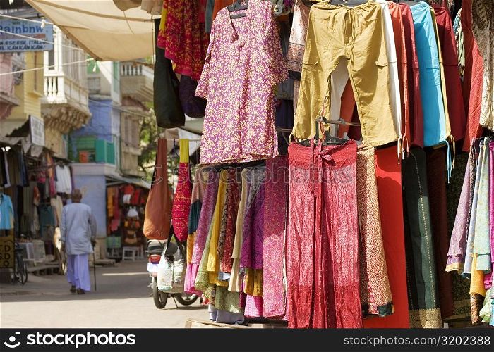 Clothes on display in a market, Pushkar, Rajasthan, India