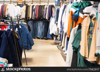 Clothes section interior in market shop and supermarket