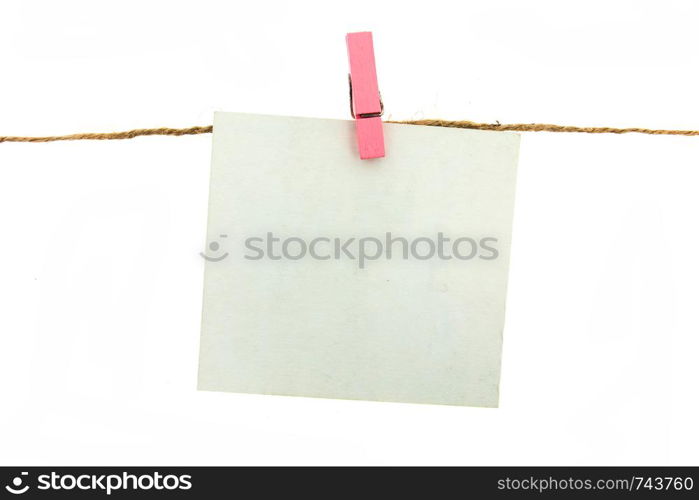 clothespin and frame card hanging on rope with colorful isolated on white background