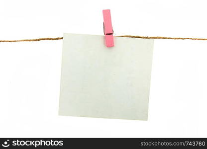 clothespin and frame card hanging on rope with colorful isolated on white background