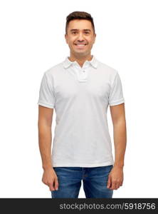 clothing, advertisement and people concept - smiling middle aged latin man in white blank polo t-shirt