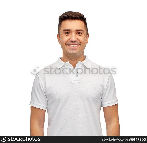 clothing, advertisement and people concept - smiling middle aged latin man in white blank polo t-shirt
