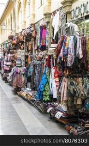Clothing and souvenirs on arab market. Street market