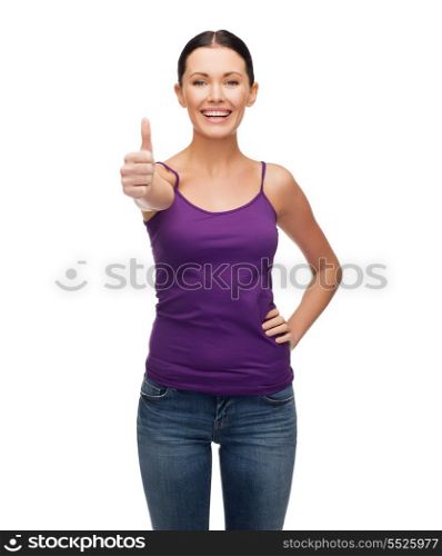 clothing design and happy people concept - smiling girl in blank purple tank top showing thumbs up
