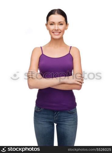 clothing design and happy people concept - smiling girl in blank purple tank top with crossed arms