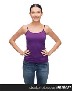 clothing design and happy people concept - smiling girl in blank purple tank top