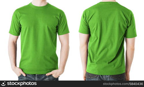 clothing design concept - man in blank green t-shirt, front and back view