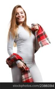 Clothing fashion sport concept. Fit female wearing thermoactive underwear and scarf. Slim woman in sporty clothes. Fit female wearing thermoactive underwear