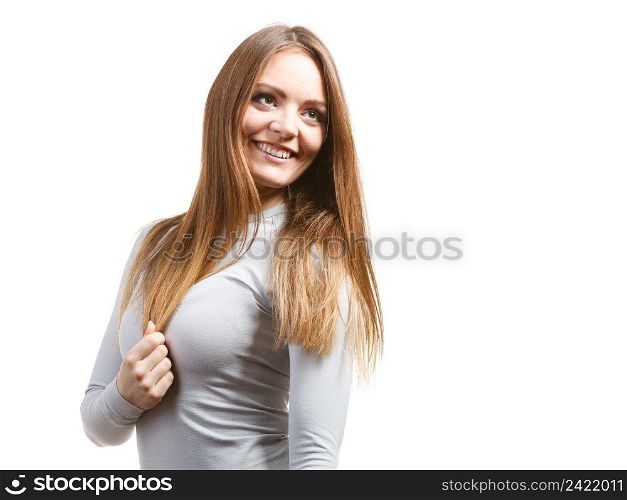 Clothing fashion sport concept. Fit female wearing thermoactive underwear top. Slim woman in sporty clothes. Fit female wearing thermoactive underwear