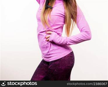 Clothing fashion sport concept. Part body female wearing thermoactive underwear. Attractive fit woman promoting sporty clothes.. Part body woman with underwear.