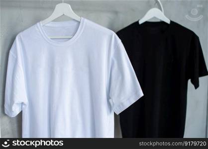 Clothing sale, place for logo, advertising, collaboration, T-shirt, print, place for text, close-up, hanger. Black and white T-shirt hanging on a hanger, layout