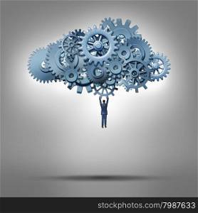 Cloud access and database hosting concept as a businessman hanging from a group of gears and cog wheels as a symbol for virtual internet computing solutions and online communication technology management.