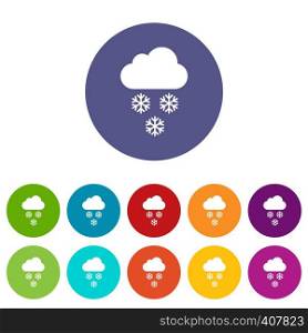 Cloud and snowflakes set icons in different colors isolated on white background. Cloud and snowflakes set icons