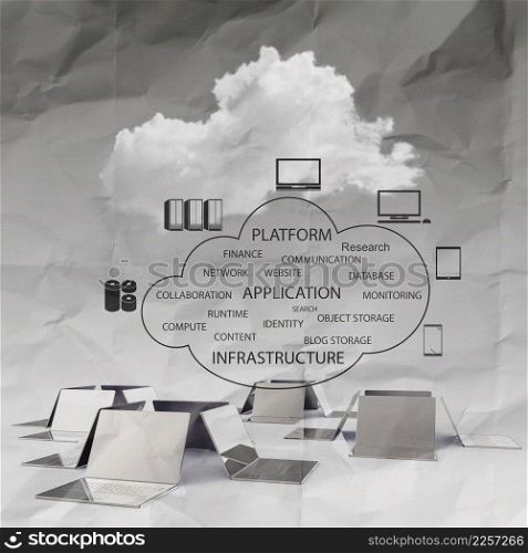 Cloud computing 3d structureon crumpled paper background  as concept