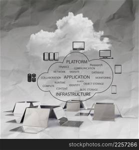 Cloud computing 3d structureon crumpled paper background  as concept