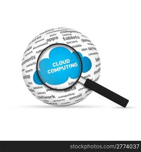 Cloud Computing 3d Word Sphere with magnifying glass on white background.