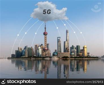 Cloud computing and internet data concept using panoramic view of Shanghai skyline. Cloud computing concept using Shanghai skyline