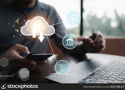 Cloud computing and networking technology concept. Man showing digital screen with cloud diagram. Businessman in the background represents global support and innovation.
