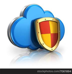 Cloud computing and storage security concept: blue glossy cloud icon covered by metal protection shield isolated on white background with reflection effect