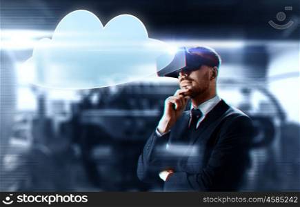 cloud computing, business, and future technology concept - businessman in virtual reality headset over abstract background. businessman with virtual reality headset and cloud. businessman with virtual reality headset and cloud